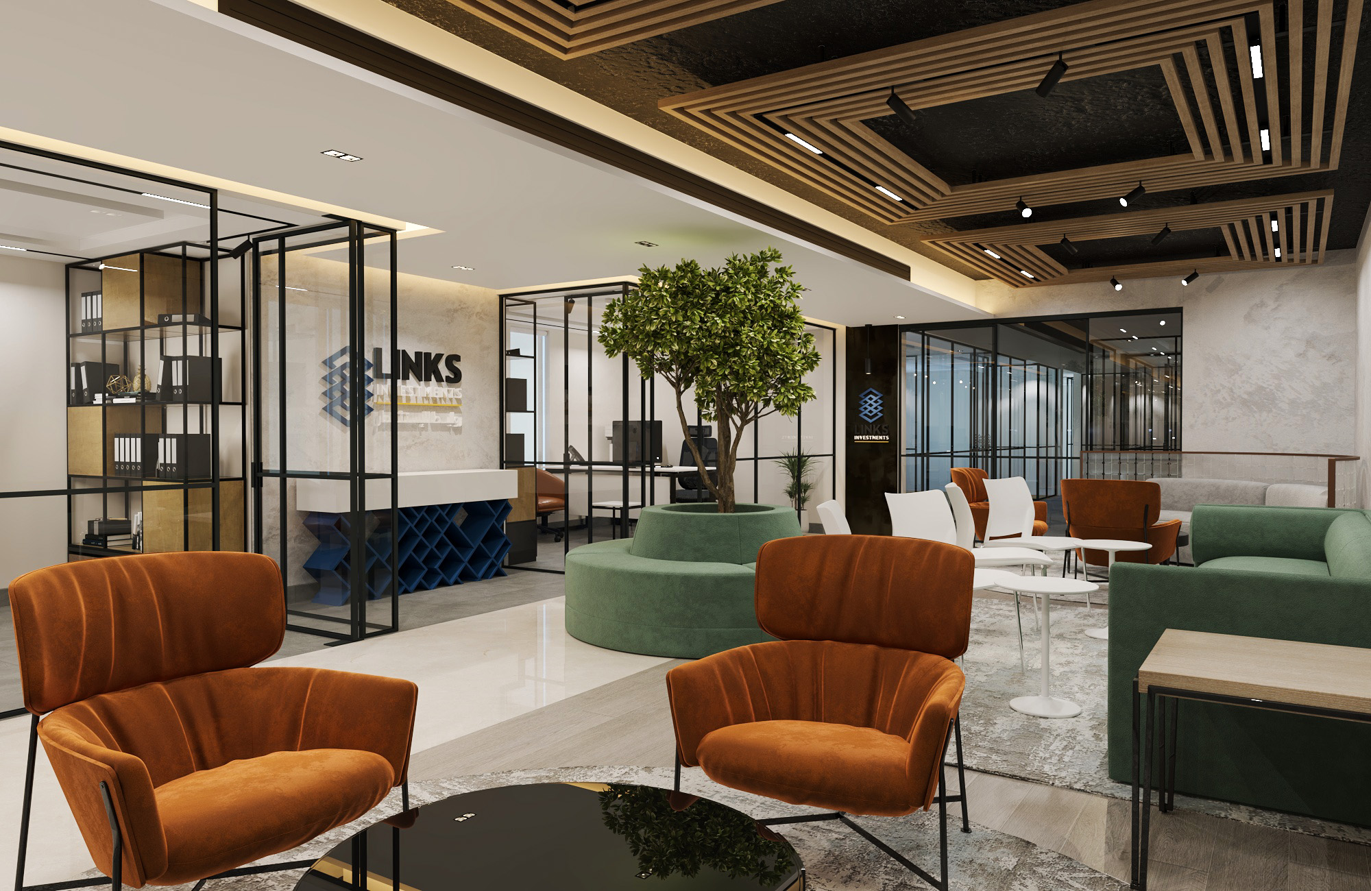 Elegant interior design for an office combining functionality and comfort.