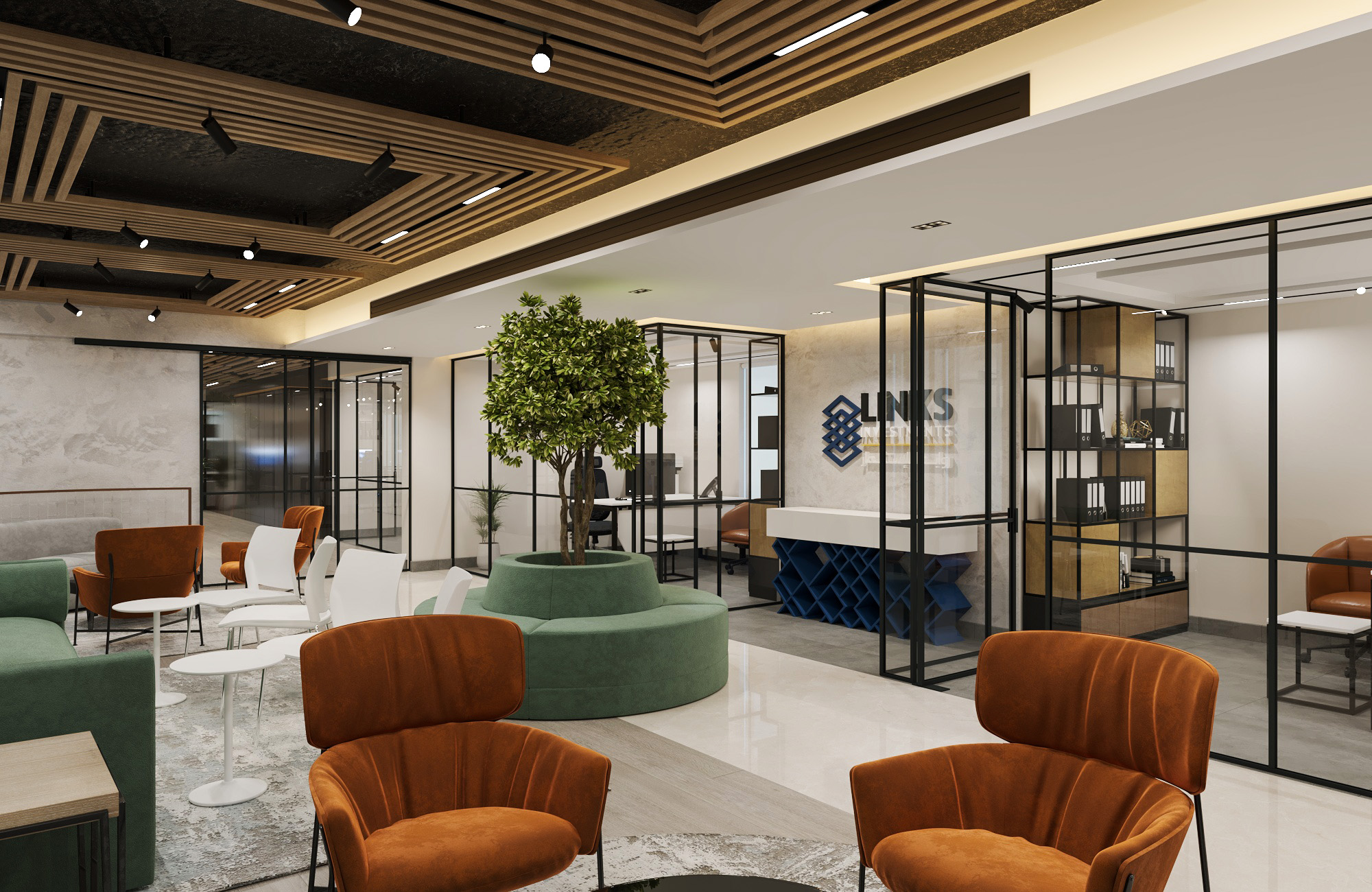 Modern office design with a reception and lounge area