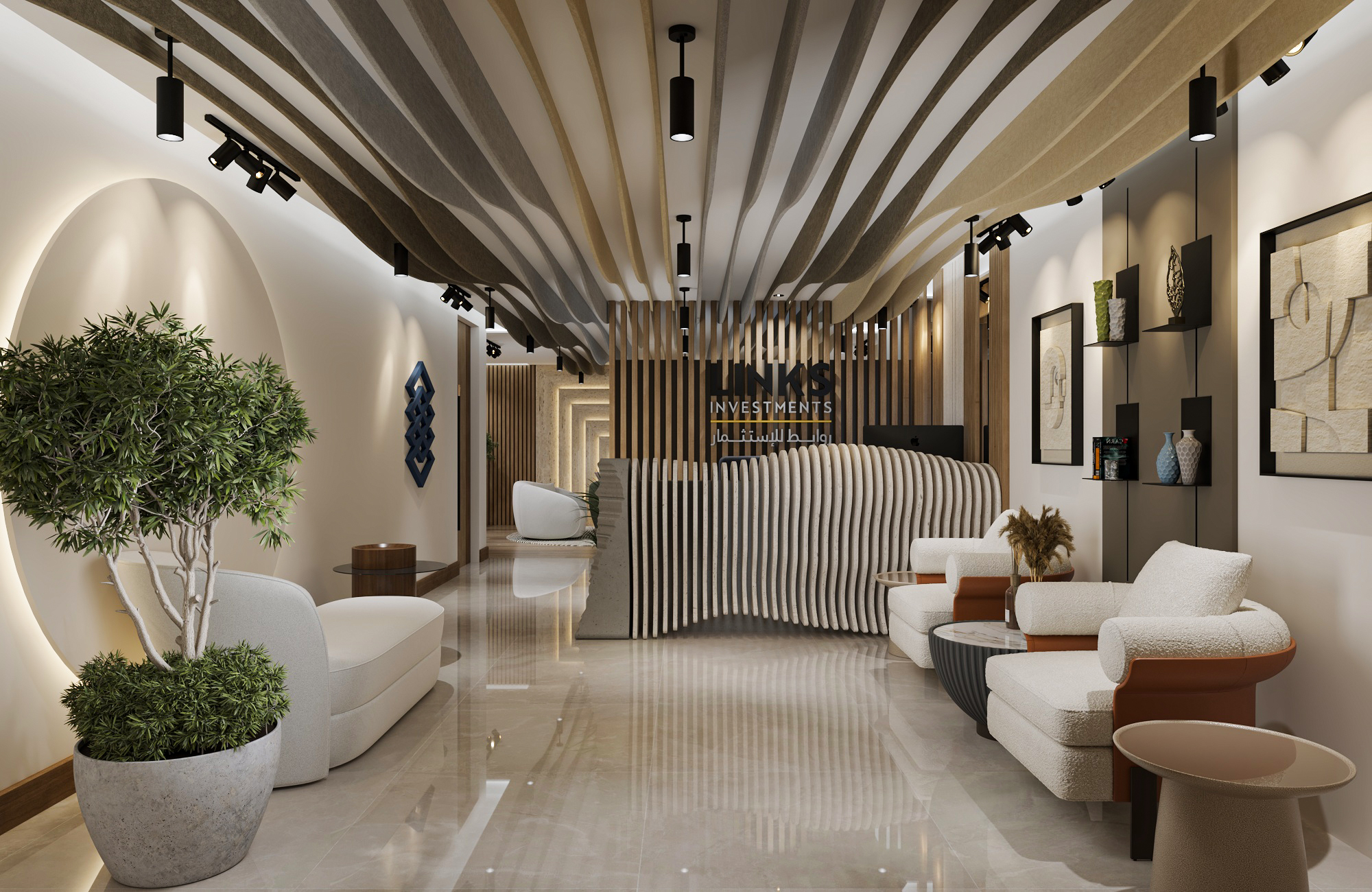 Modern reception with luxurious and artistic touches.